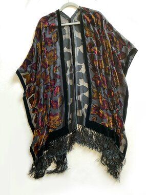 Floral Burnout Velvet Fringe Silk Rayon Kimono Jacket Burgundy Plus One Size